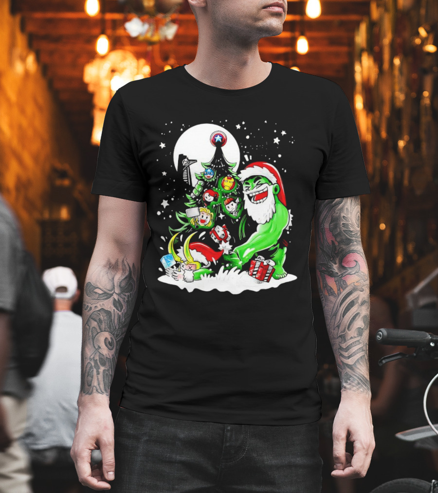 The Avengers Marvel Characters Christmas Tree With Hulk Santa And Superhero Ornaments T-Shirt