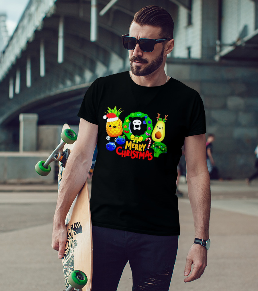 Hey Bear Sensory Merry Christmas Pineapple Avocado Broccoli Wreath T-Shirt