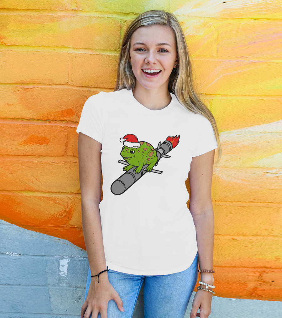 Missile Toad Christmas Frog With Santa Hat Riding A Rocket T-Shirt