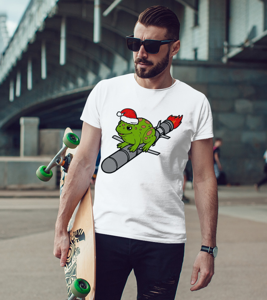 Missile Toad Christmas Frog With Santa Hat Riding A Rocket T-Shirt
