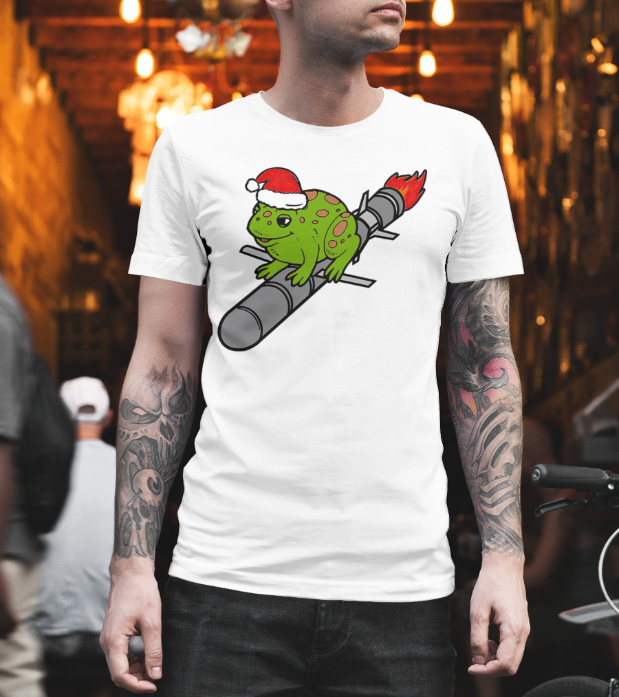 Missile Toad Christmas Frog With Santa Hat Riding A Rocket T-Shirt