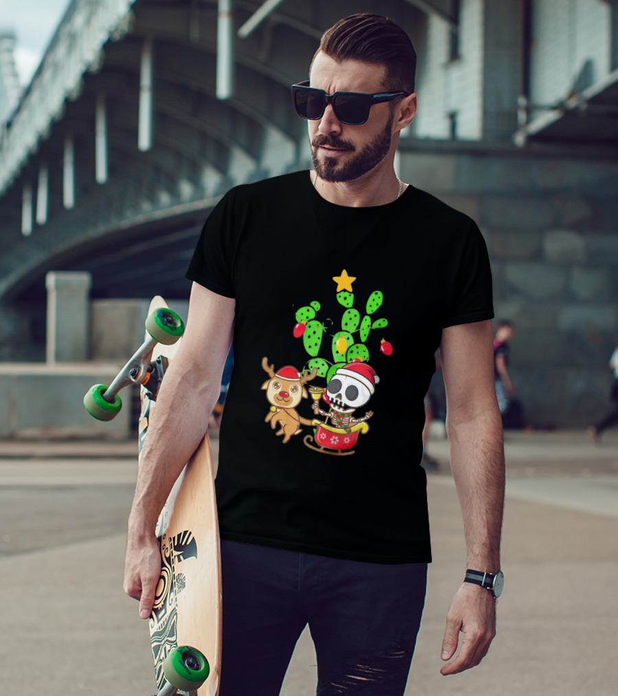 Nopalito Calacas Feliz Navidad Cactus Skeleton Reindeer Christmas T-Shirt