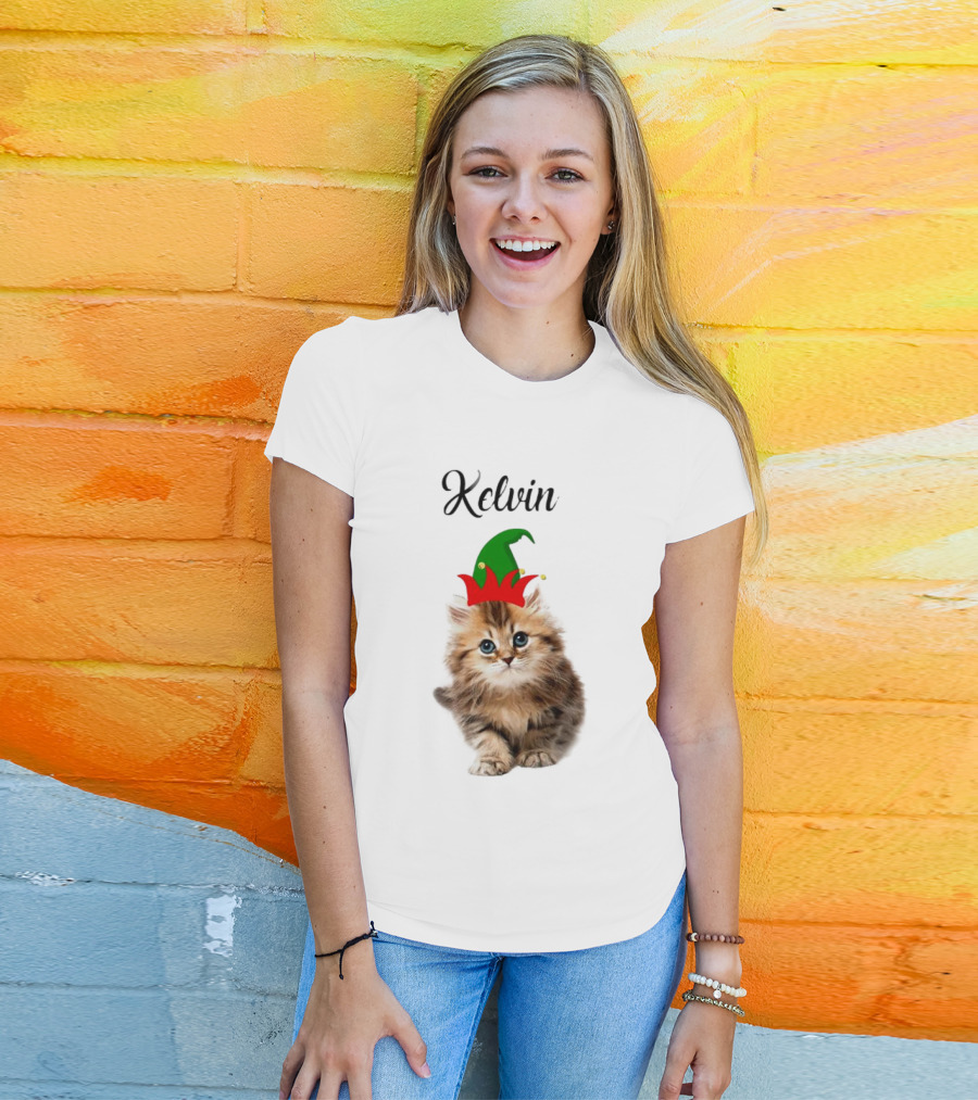 Kelvin Cat Wearing Elf Hat Merry Christmas Custom Name T-Shirt