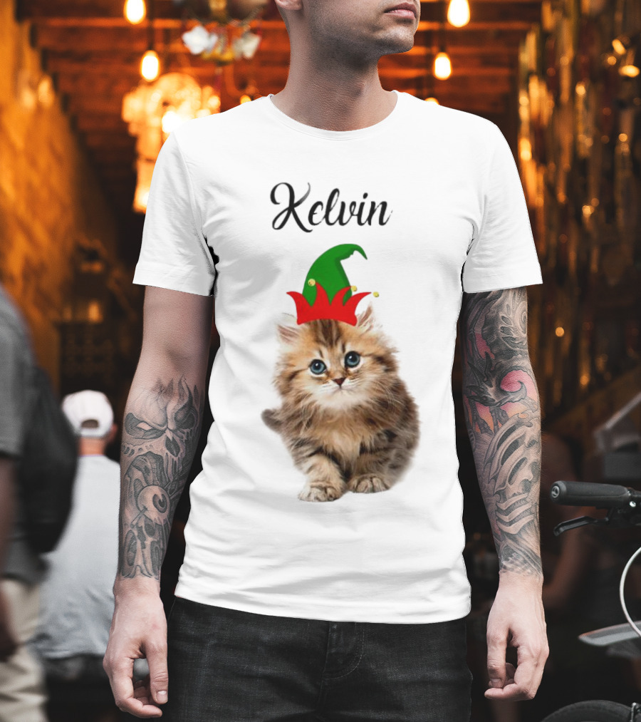 Kelvin Cat Wearing Elf Hat Merry Christmas Custom Name T-Shirt