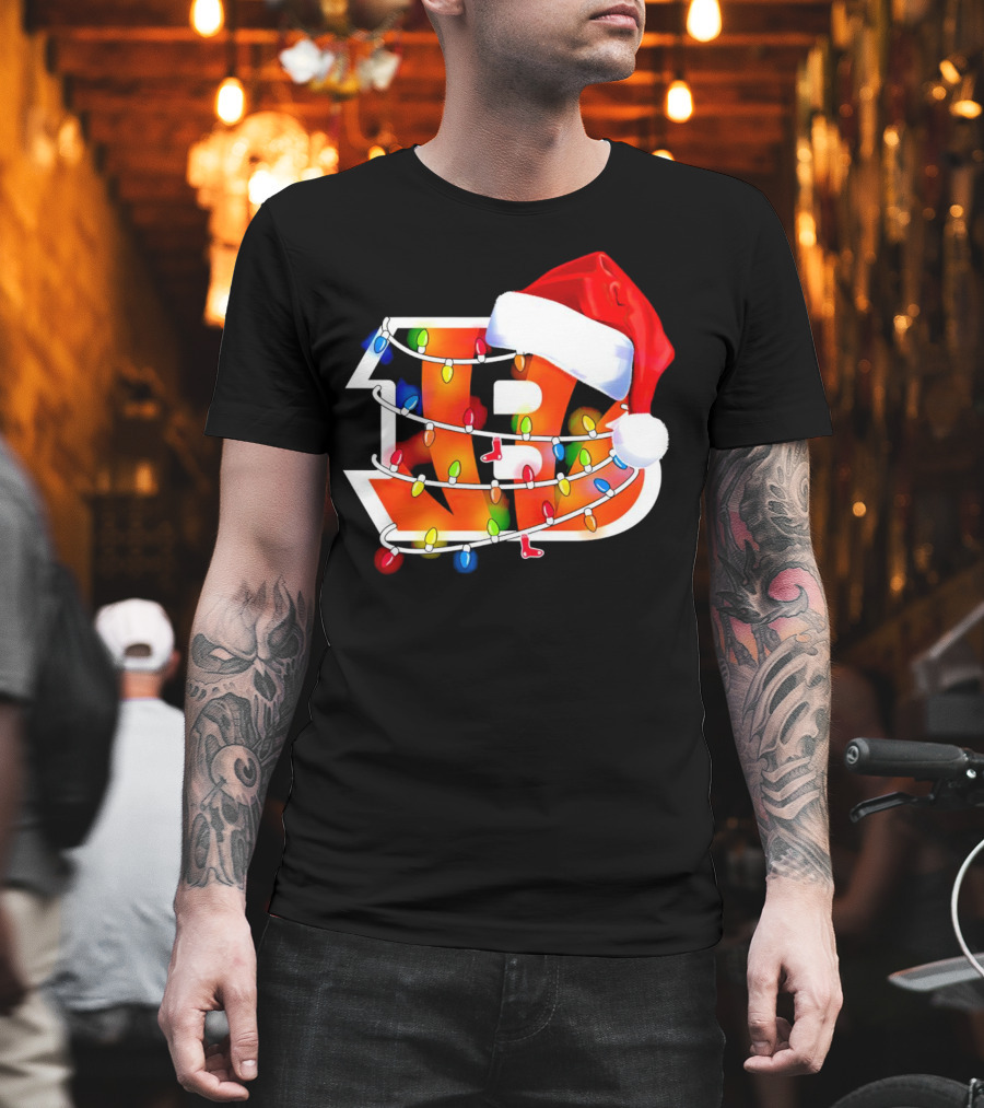Cincinnati Bengals Christmas Lights Santa Hat Logo Holiday Football T-Shirt