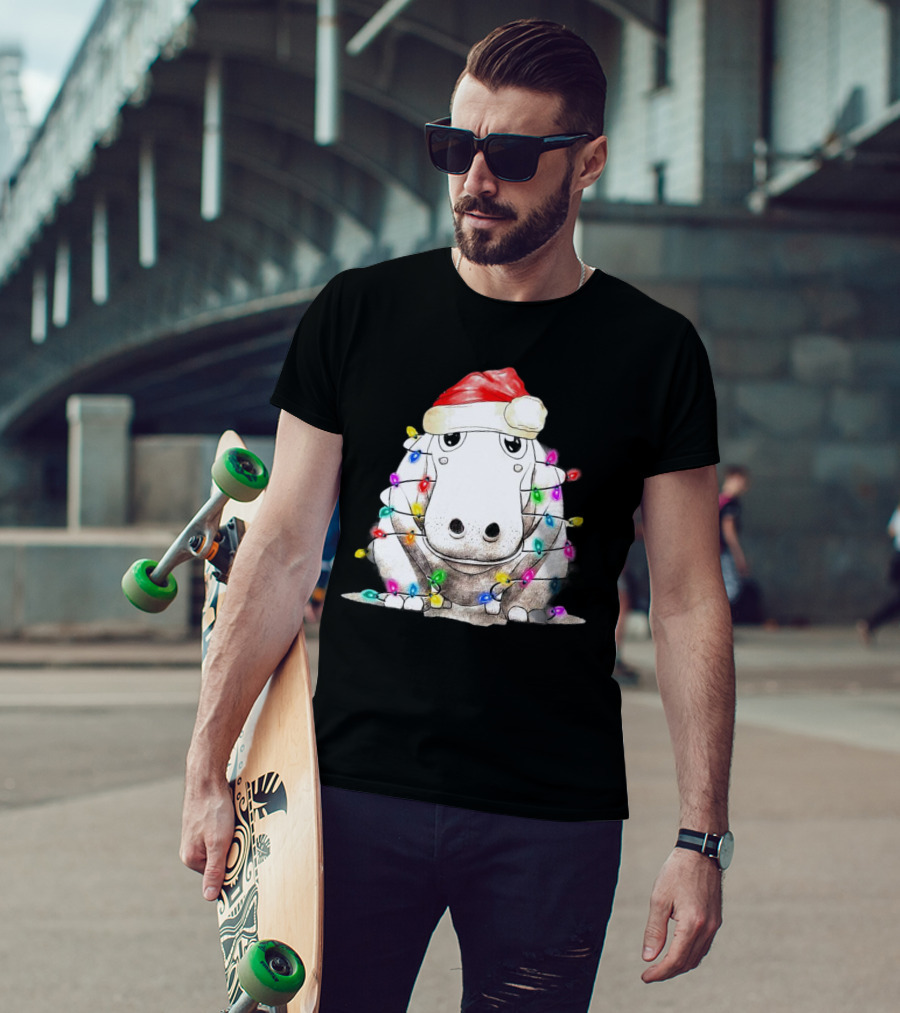 Santa Hippo Wrapped In Christmas Lights With Santa Hat T-Shirt