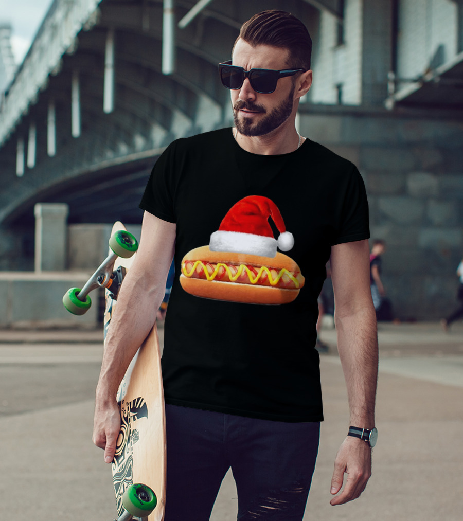 Santa Hat Hot Dog Christmas Family Dinner T-Shirt