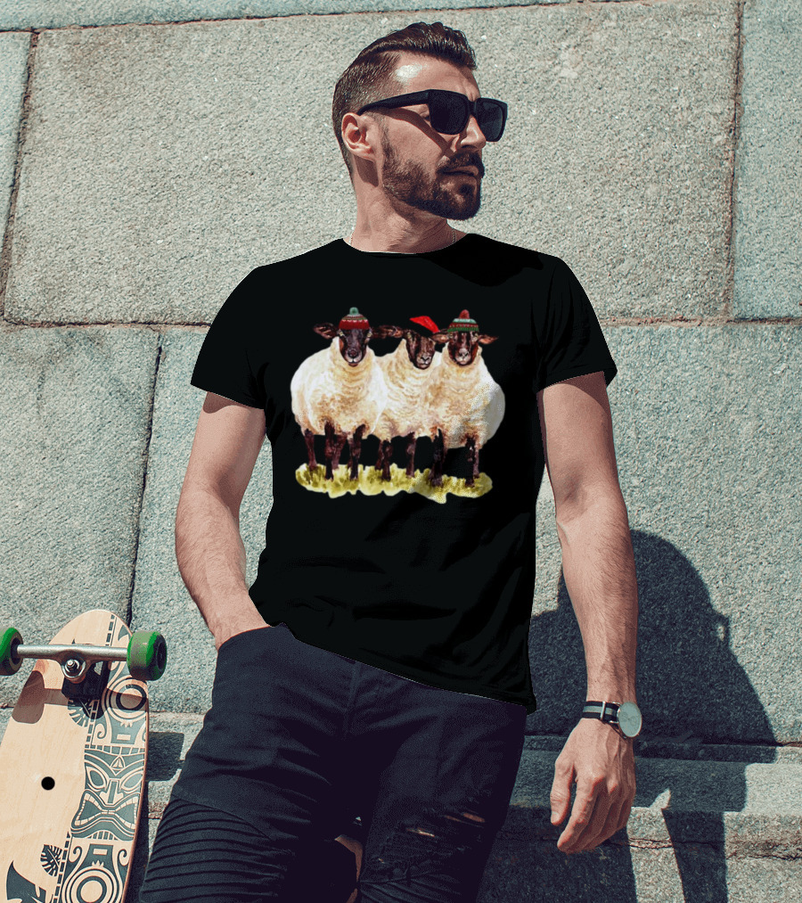 Merry Christmas Santa Sheep Trio With Festive Hats T-Shirt