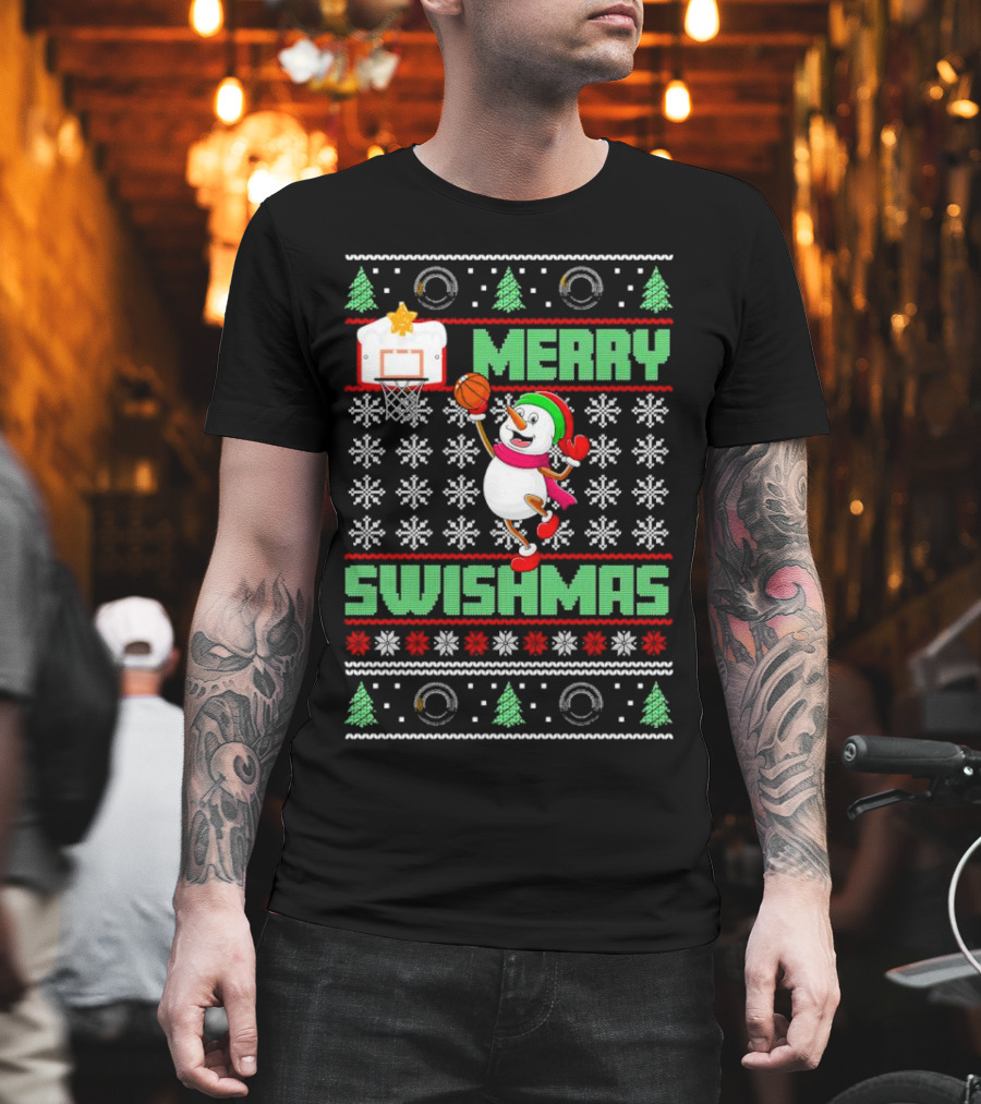 Merry Swishmas Snowman Playing Basketball Holiday T-Shirt