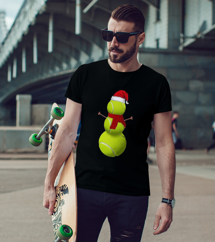 Tennis Ball Snowman With Santa Hat And Scarf Merry Christmas T-Shirt