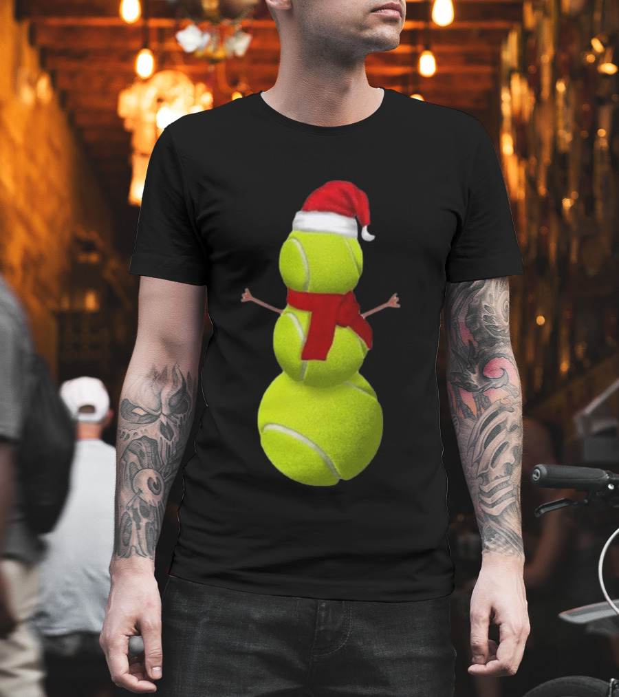 Tennis Ball Snowman With Santa Hat And Scarf Merry Christmas T-Shirt