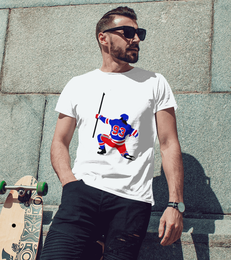 Mika Zibanejad Number 93 Hockey Celebration Iconic Bowing Pose T-Shirt