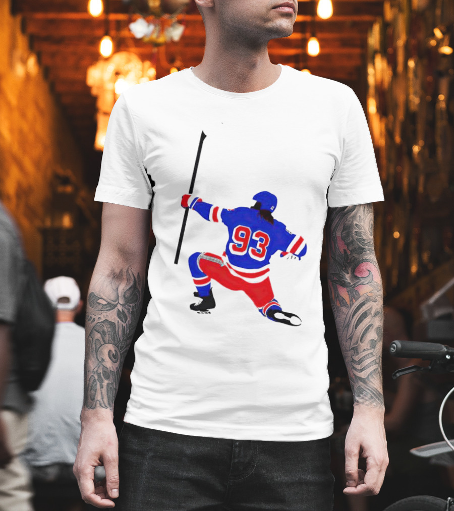 Mika Zibanejad Number 93 Hockey Celebration Iconic Bowing Pose T-Shirt