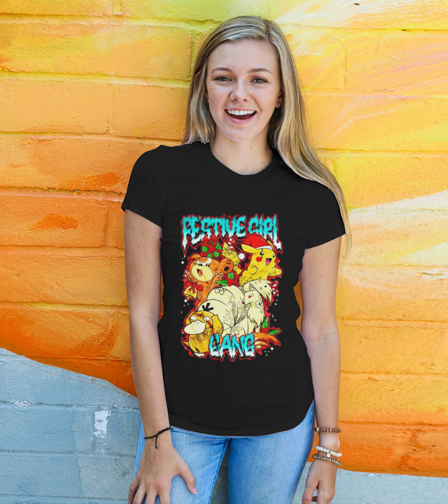 Festive Girl Gang Pokémon Pikachu Psyduck Clefairy Vulpix Christmas T-Shirt