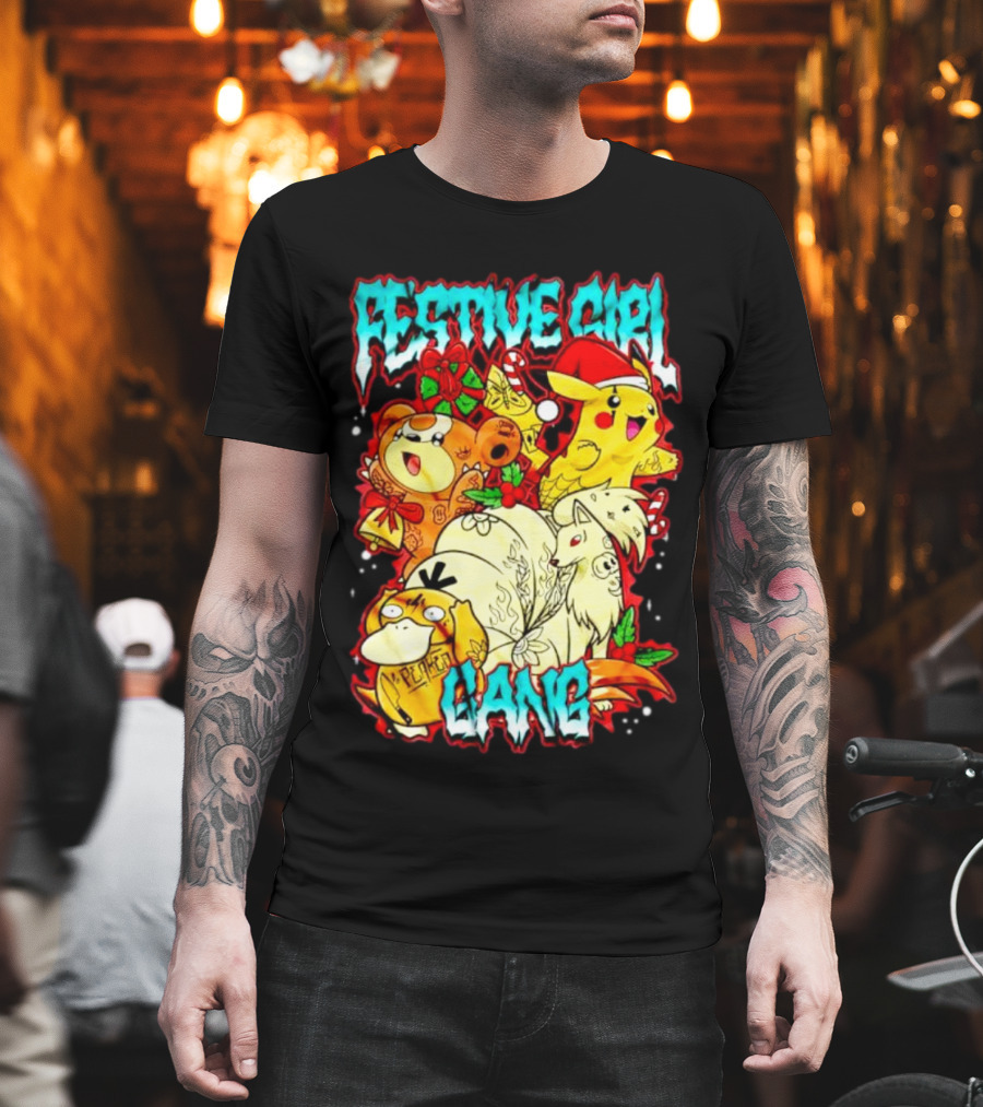 Festive Girl Gang Pokémon Pikachu Psyduck Clefairy Vulpix Christmas T-Shirt