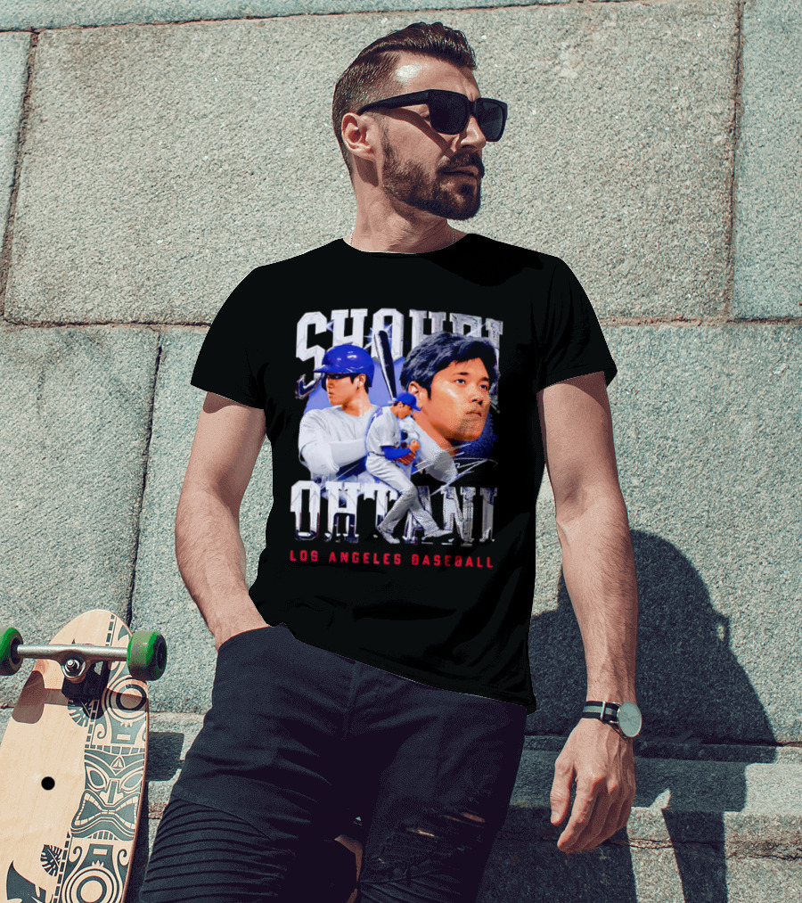 Shohei Ohtani Los Angeles Baseball Player Portrait And Action Scene T-Shirt