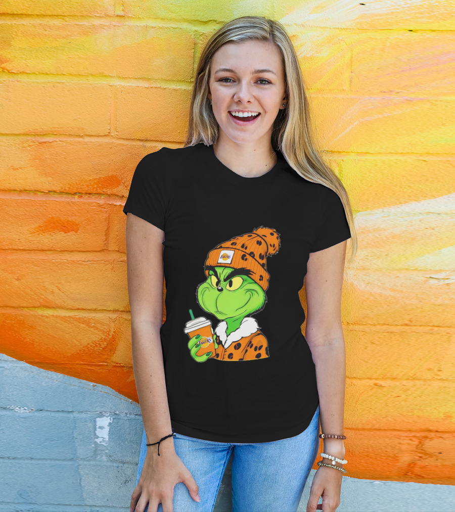 Grinch Drinking Los Angeles Lakers Cup Wearing Beanie T-Shirt