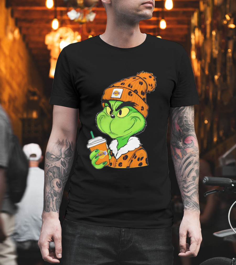 Grinch Drinking Los Angeles Lakers Cup Wearing Beanie T-Shirt