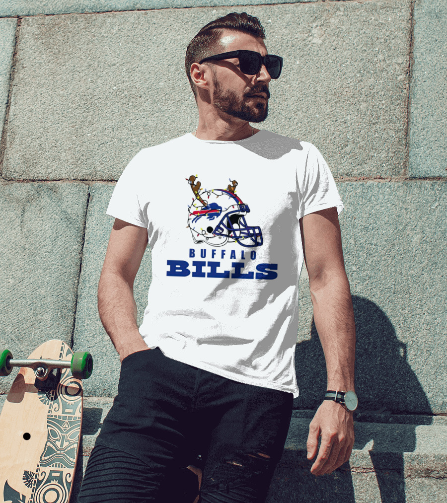 Buffalo Bills Helmet With Deer Antlers And Christmas Lights T-Shirt