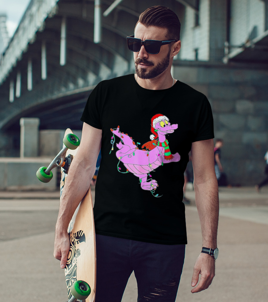 Dragon Figment In Santa Hat Wrapped In Christmas Lights T-Shirt