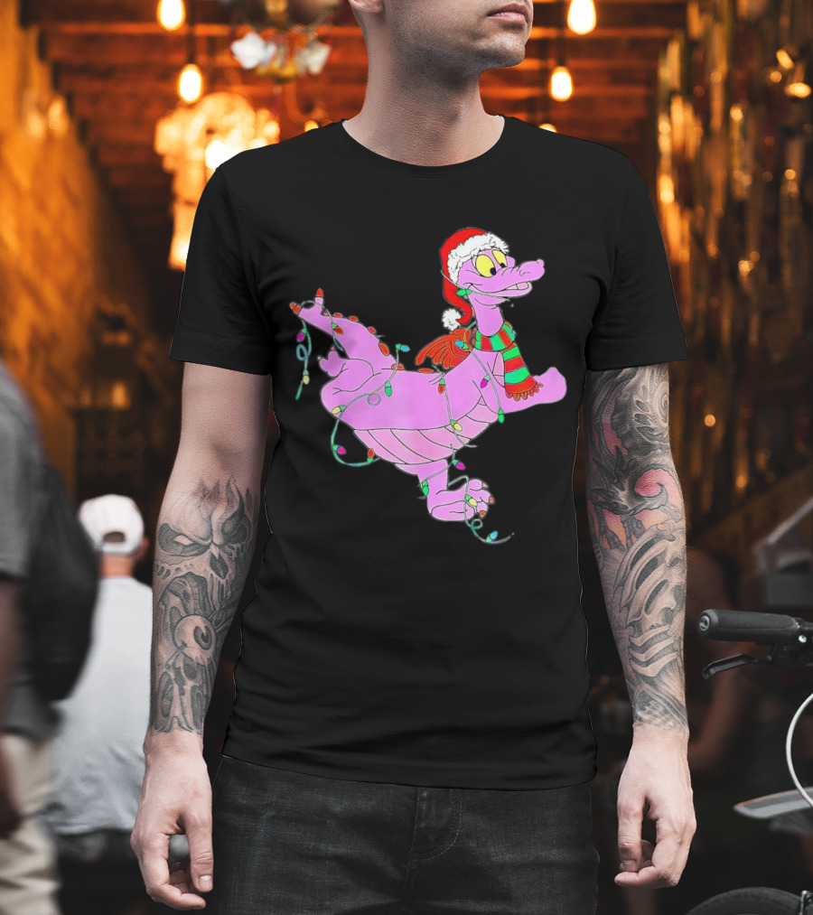 Dragon Figment In Santa Hat Wrapped In Christmas Lights T-Shirt