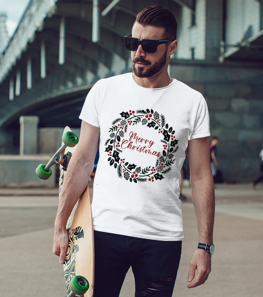 Merry Christmas Wreath With Pinecones And Holly T-Shirt