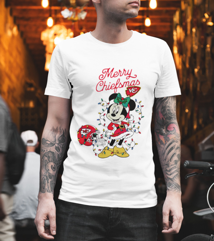 Merry Chiefsmas Minnie Mouse Kansas City Football Christmas Lights Helmet T-Shirt