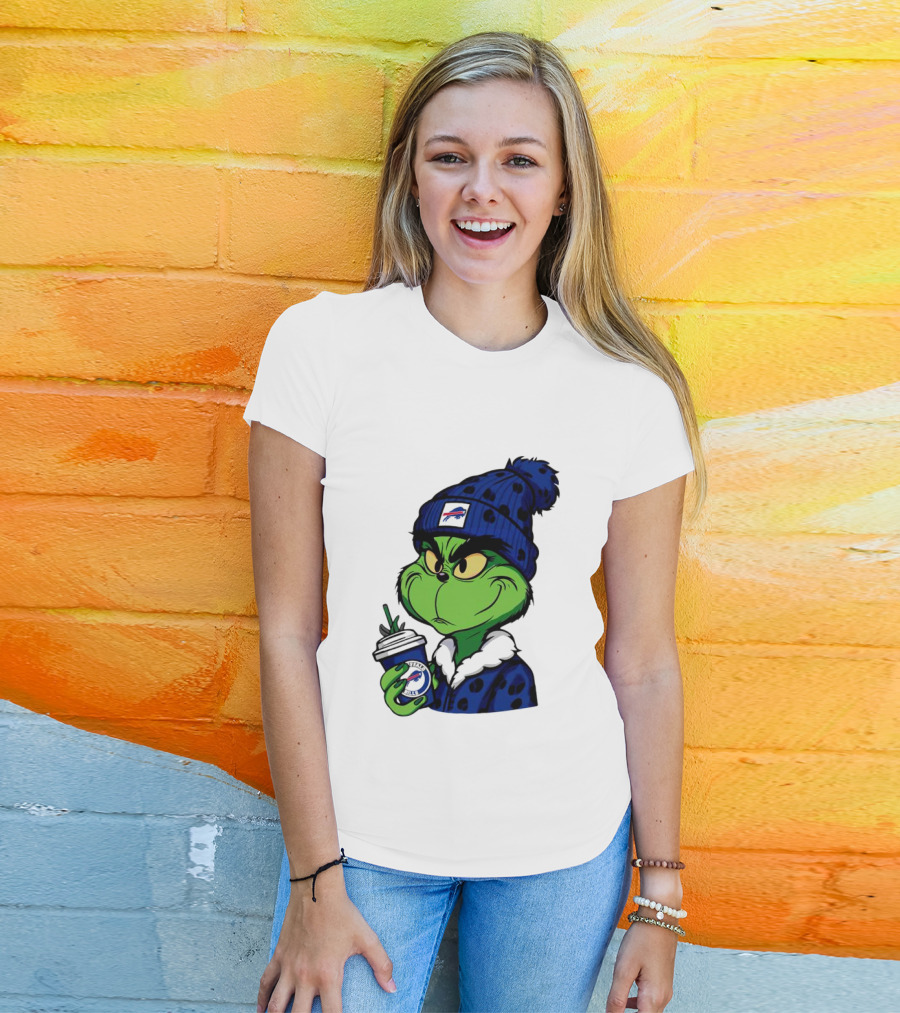 Grinch In Buffalo Bills Beanie Holding Logo Cup T-Shirt