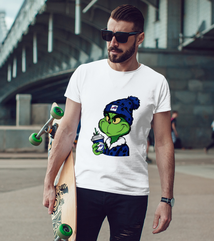 Grinch In Buffalo Bills Beanie Holding Logo Cup T-Shirt
