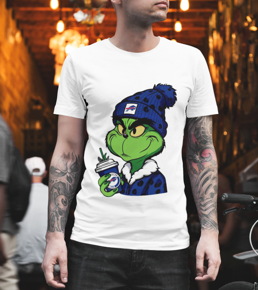 Grinch in Buffalo Bills Beanie Holding Logo Cup T-Shirt