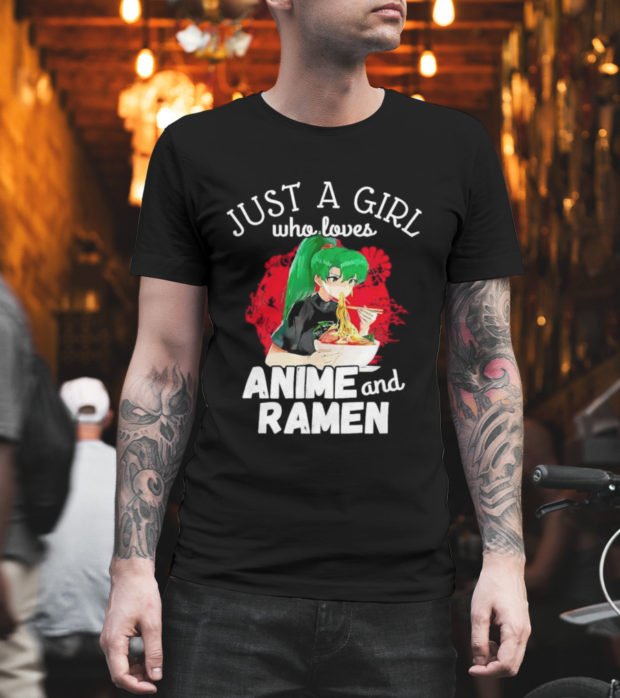 Just a Girl Who Loves Anime and Ramen Green-Haired Character Eating Noodles T-Shirt