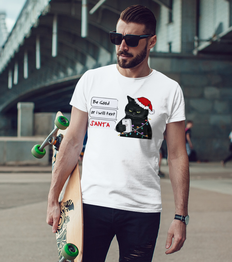 Black Cat Be Good Or I Will Text Santa Christmas Lights Hat T-Shirt