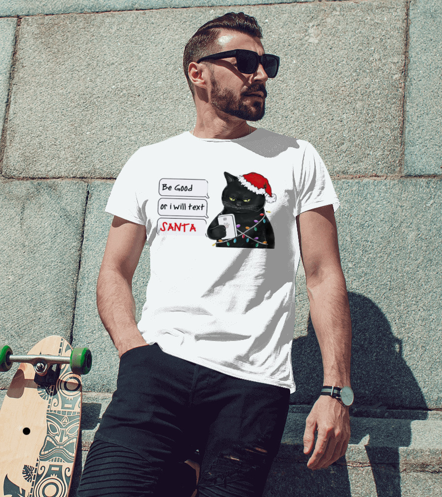 Black Cat Be Good Or I Will Text Santa Christmas Lights Hat T-Shirt