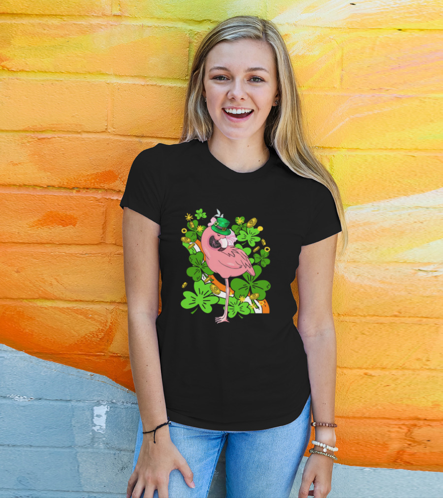 Flamingo St Patricks Day Pink Bird Shamrocks And Leprechaun Hat With Gold Coins T-Shirt