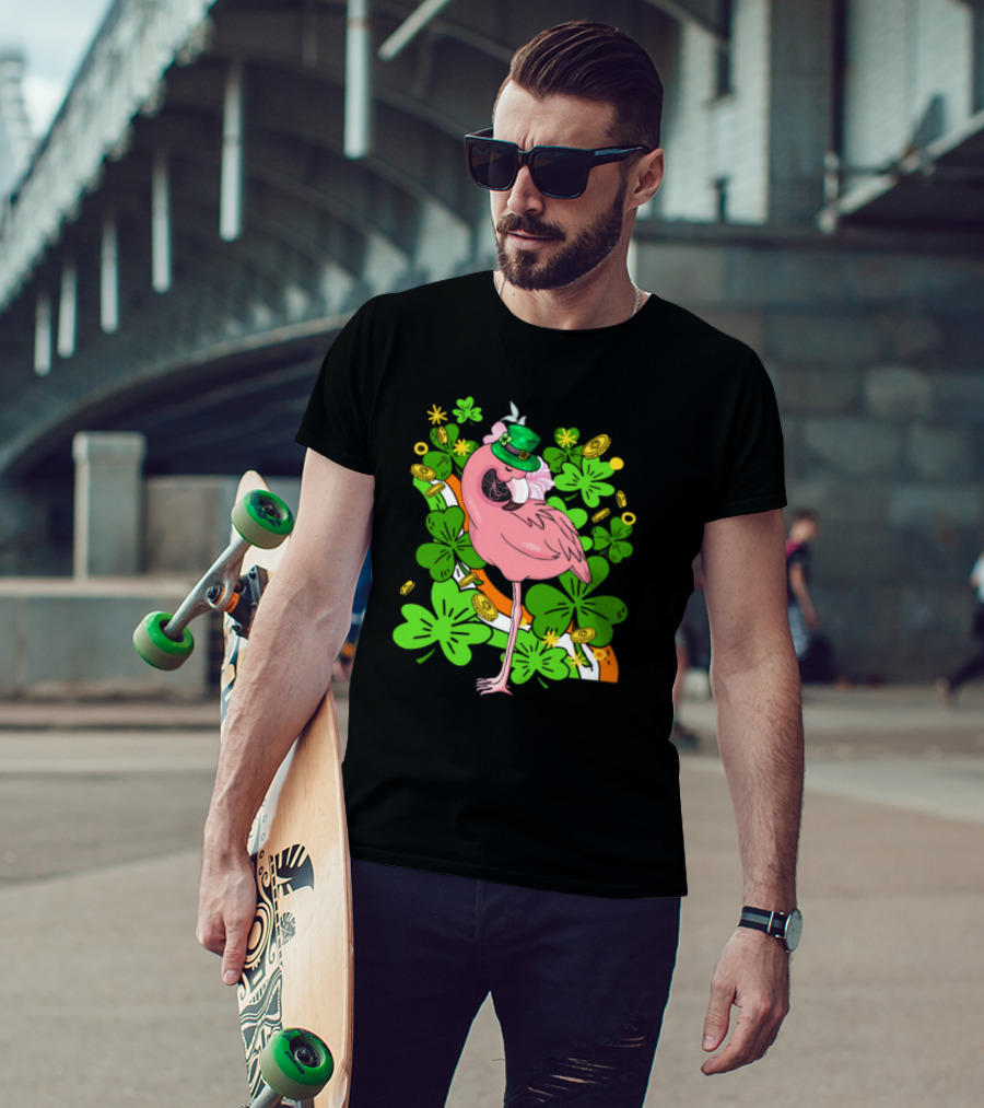Flamingo St Patricks Day Pink Bird Shamrocks And Leprechaun Hat With Gold Coins T-Shirt