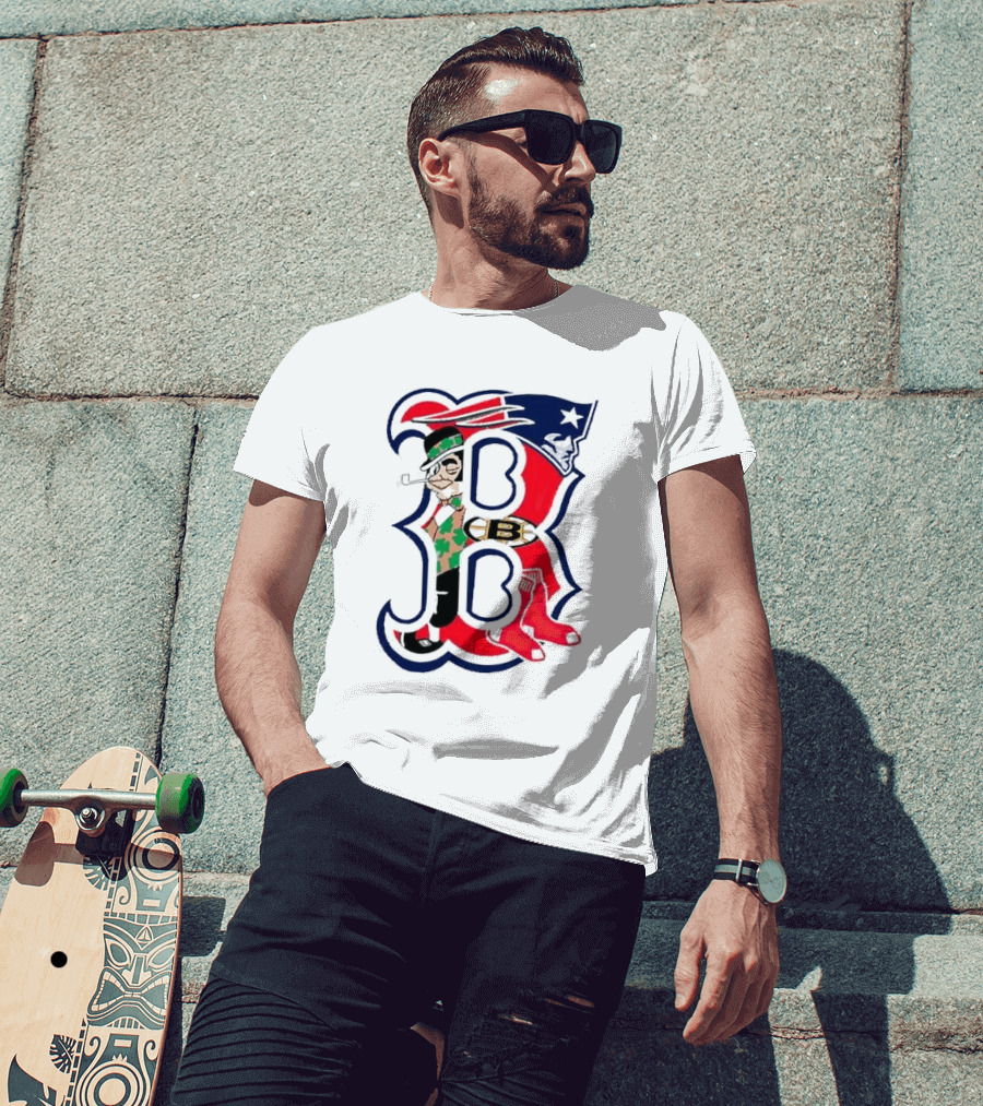 Boston Red Sox B Mashup With Patriots Bruins Celtics Symbols T-Shirt