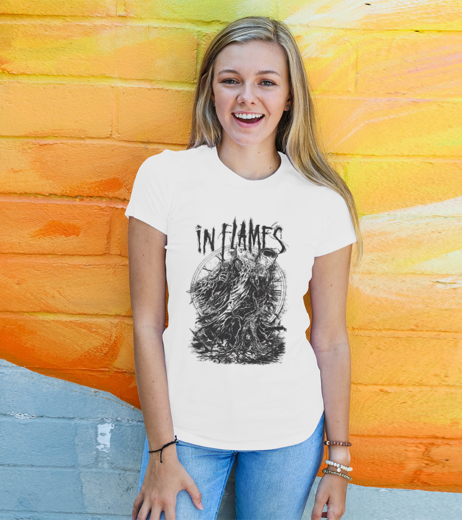 In Flames Cloaked Ghoul Dark Shrouded Figure With Clock Background T-Shirt