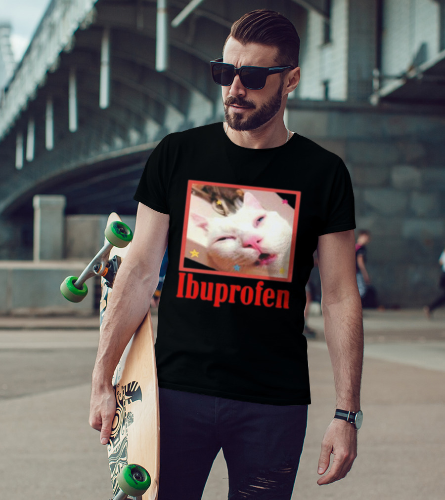 Ibuprofen Meme Cat With Distorted Face And Stars T-Shirt