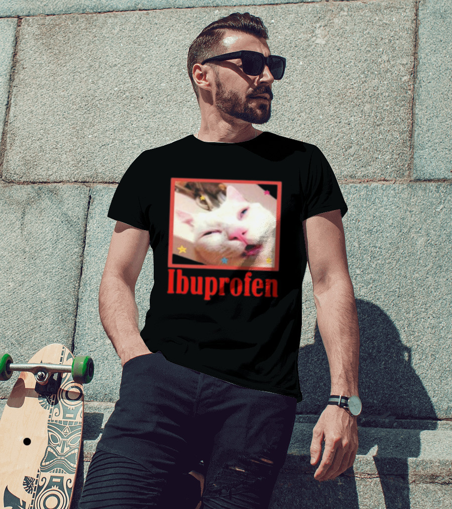 Ibuprofen Meme Cat With Distorted Face And Stars T-Shirt
