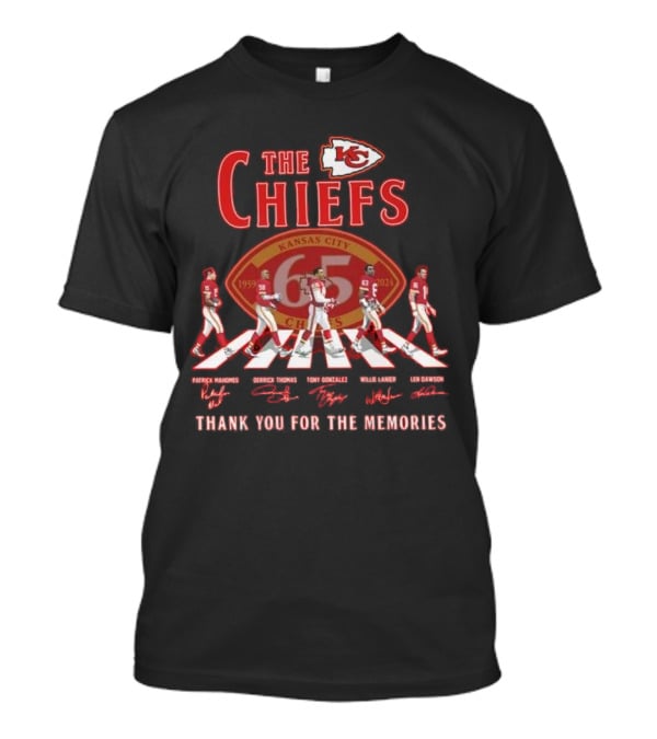 The Kansas City Chiefs 65 Years Thank You For The Memories Patrick Mahomes Derrick Thomas Tony Gonzalez Willie Lanier Len Dawson Abbey Road Signatures T-Shirt