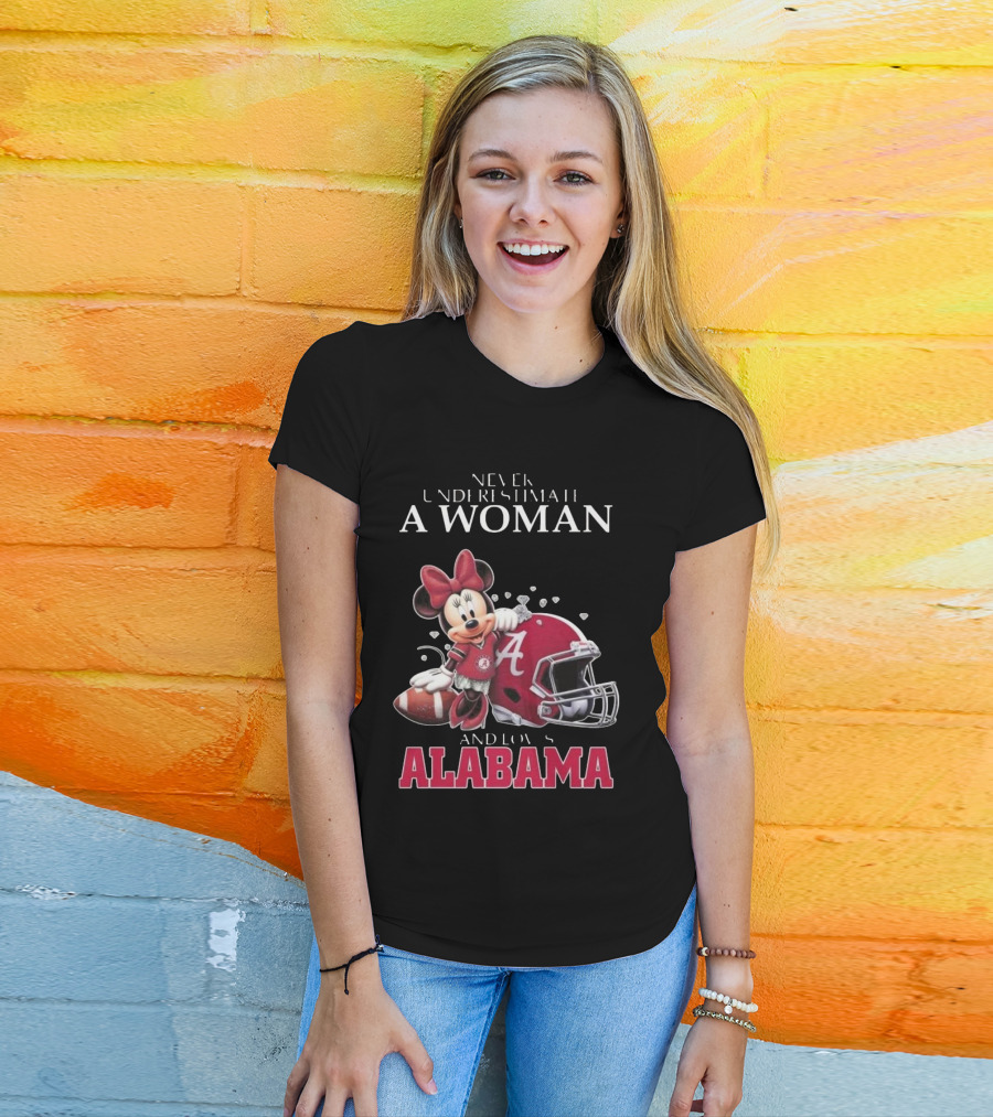 Never Underestimate A Woman Who Loves Alabama Minnie Mouse Football T-Shirt