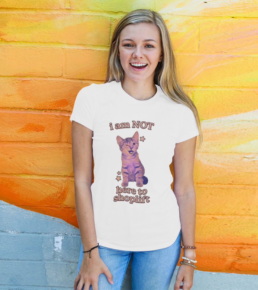 Gotfunny I Am Not Here To Shoplift Winking Cat With Stars T-Shirt