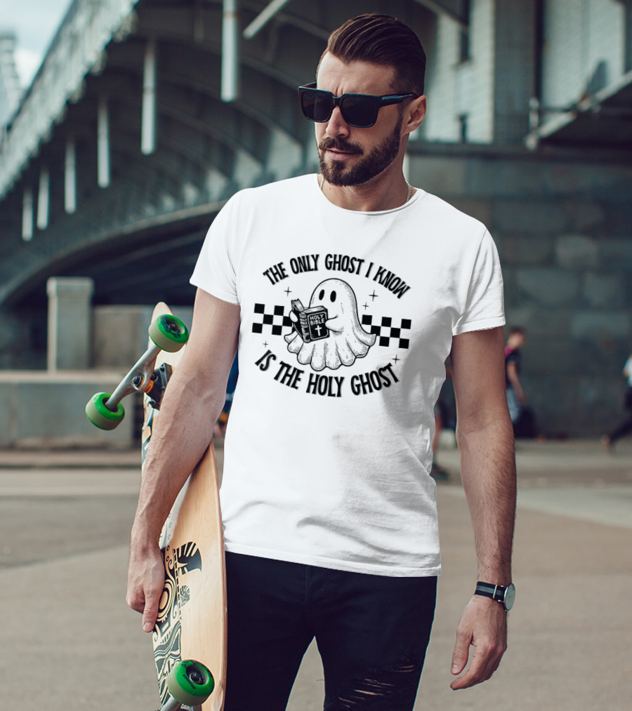 The Only Ghost I Know Is The Holy Ghost Funny Boo Bible Holy Ghost Holding Holy Bible Checkered Background T-Shirt