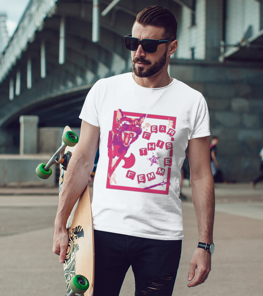 Fear This Femme Cat And Axe Retro Typography Pink Acid Wash T-Shirt