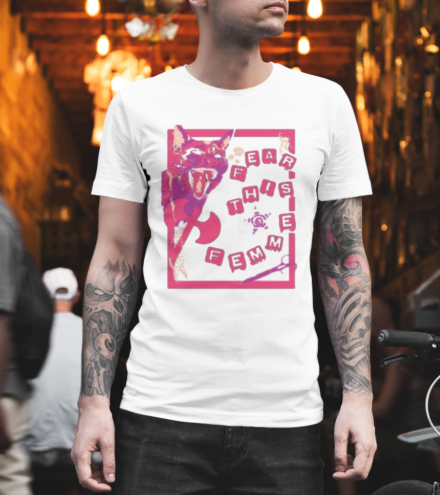 Fear This Femme Cat And Axe Retro Typography Pink Acid Wash T-Shirt