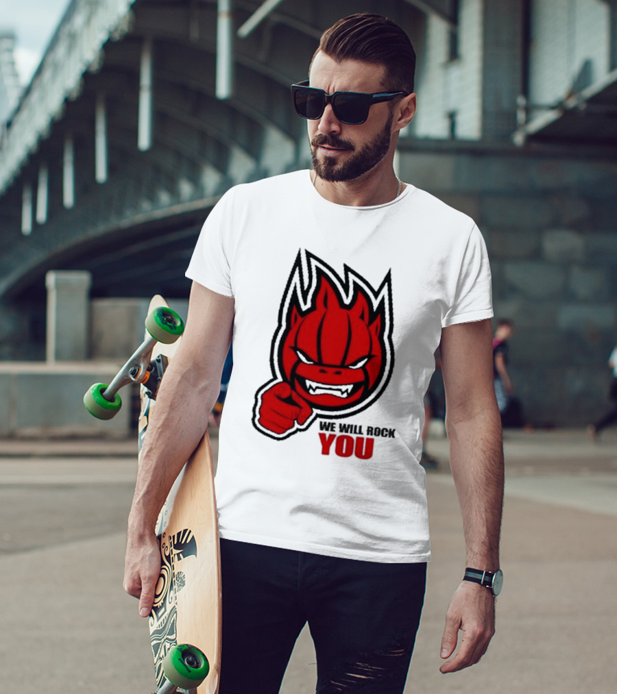 Sir Safety Perugia We Will Rock You Red Flame Character With Pointing Finger T-Shirt