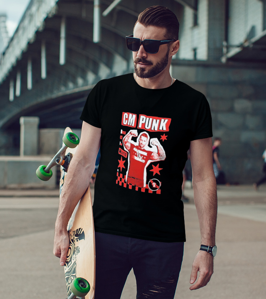 CM Punk Best In The World Star Power Flex Pose Red Stars Checker T-Shirt