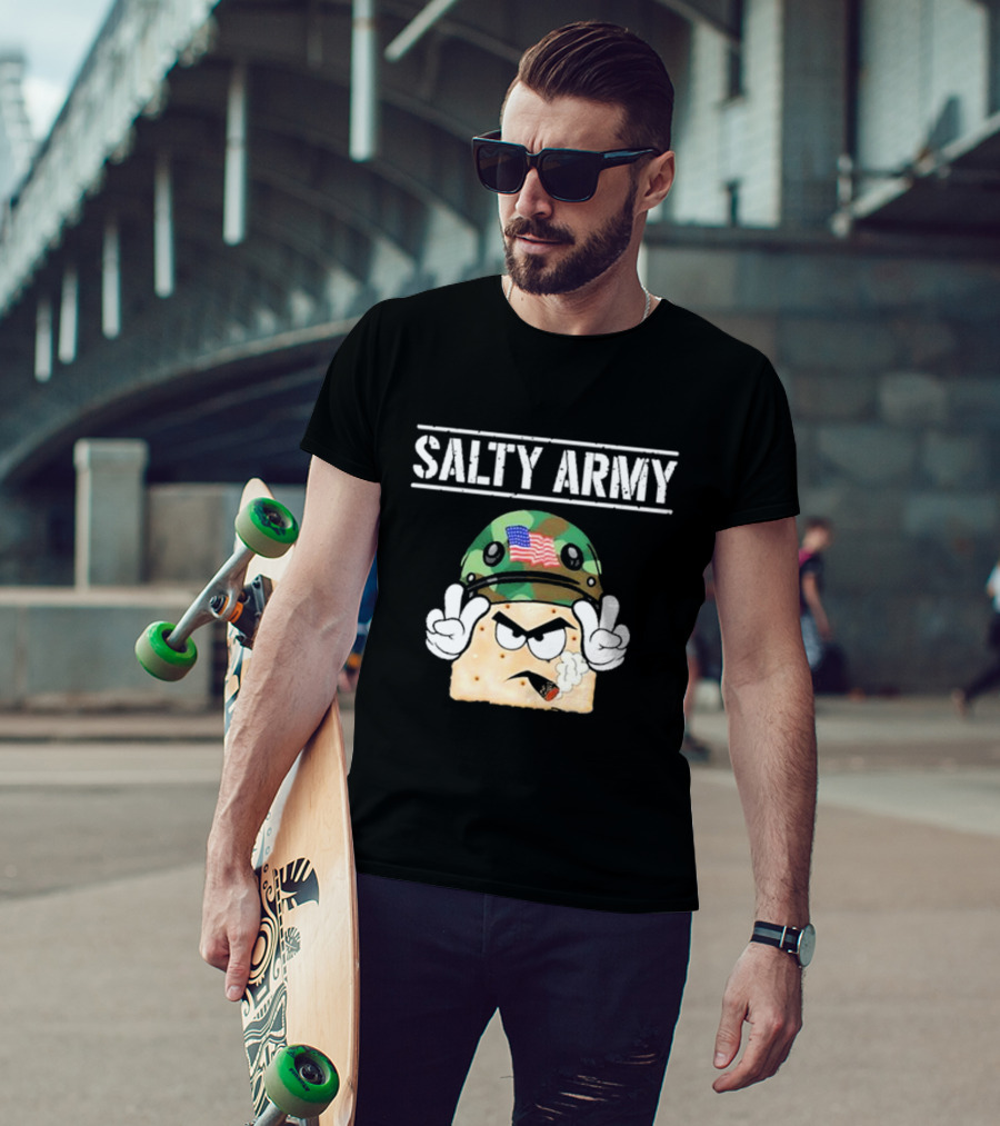 Salty Army Cracker With Camouflage Helmet Smoking Cigarette T-Shirt