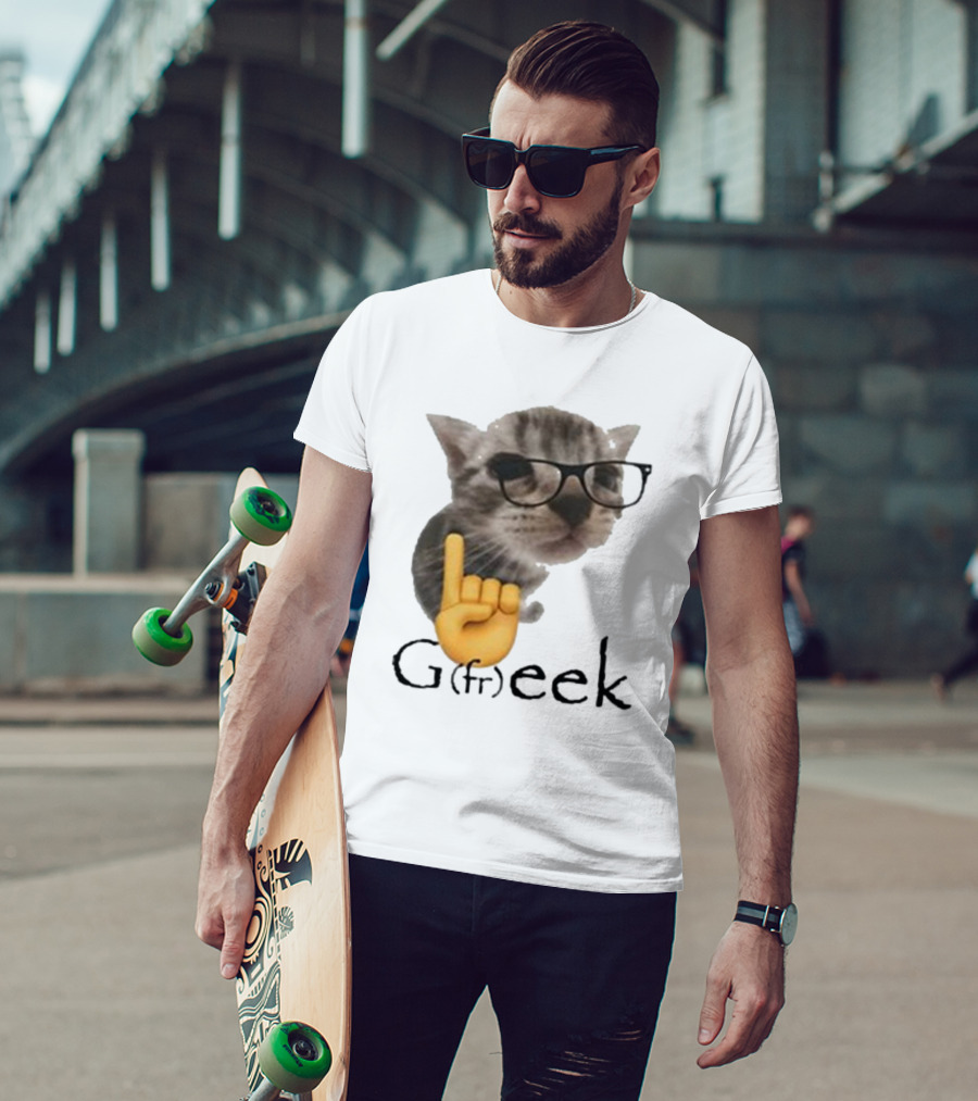 Goofy Ahhs Geek Cat Meme With Glasses And Emoji Finger T-Shirt