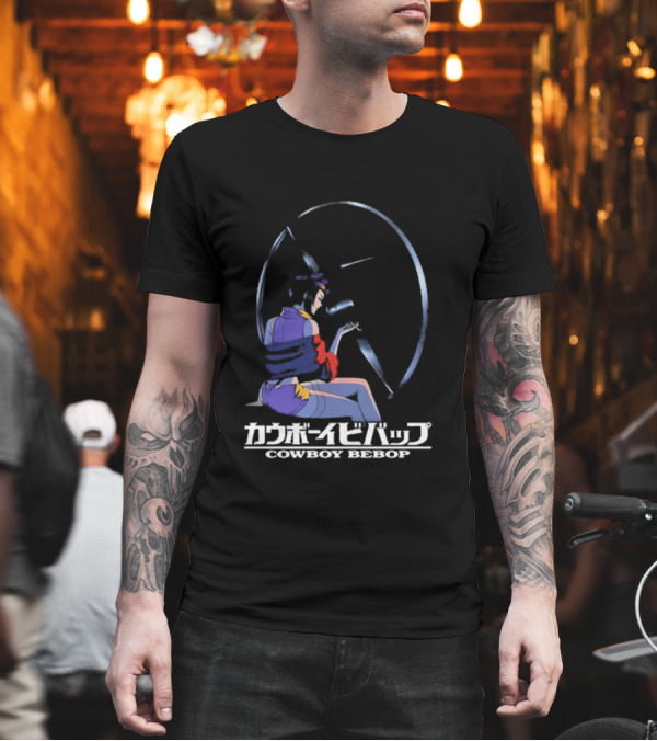 Cowboy Bebop Anime Character Sitting with Reflective Circular Background T-Shirt Cowboy Bebop Anime Character Sitting with Reflective Circular Background T-Shirt